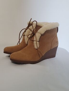 UGG Chestnut Shearling-Trim Suede Wedge Ankle Boots